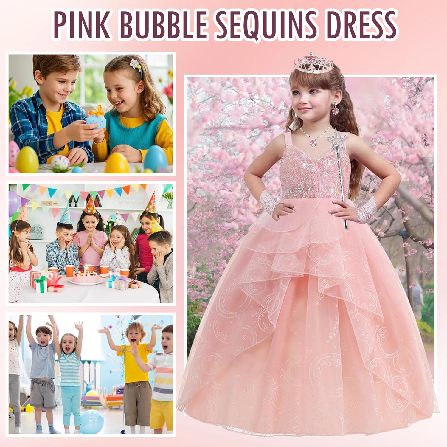 Wicked Glinda Dress for Girls Pink Witch Costume for Girls Halloween Cosplay Outfits Party Dress with Accessories