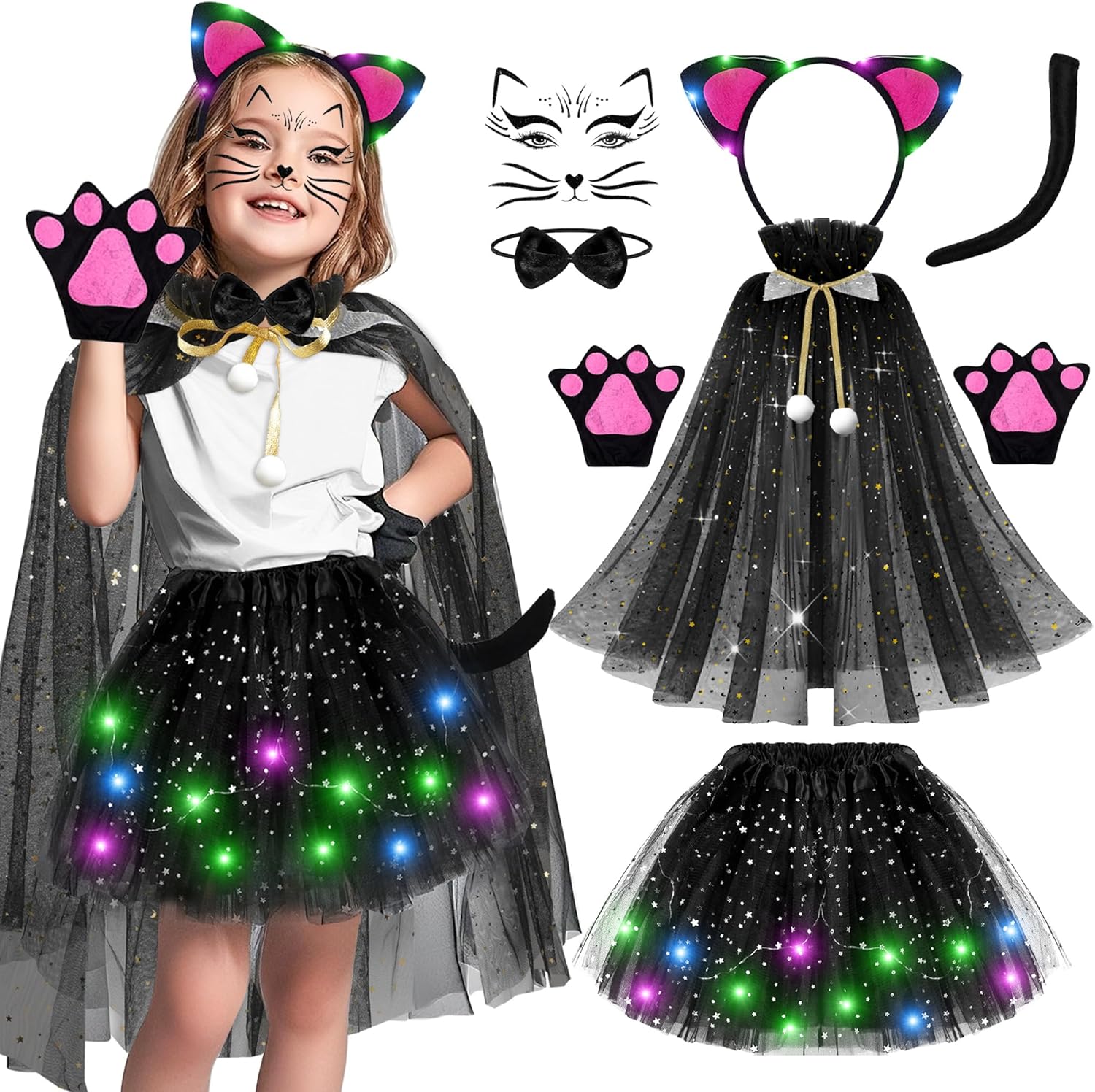 MOVINPE Black Cat Costume for Girls with LED Tutu Skirt Light up Ear Headband, Cape, Tail, Cat Paw Gloves, Bow Tie, Face Tattoo, Kids Halloween Costume for Ages 3-8