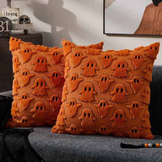 DFXSZ Halloween Pillow Covers 18x18 inch Set of 2 White Ghost Throw Pillow Cases Soft Plush Faux Fur Wool Couch Cushion Case for Chair Sofa Bedroom Living Room Home Decor PTK03A18
