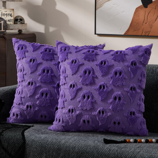 DFXSZ Halloween Pillow Covers 18x18 inch Set of 2 White Ghost Throw Pillow Cases Soft Plush Faux Fur Wool Couch Cushion Case for Chair Sofa Bedroom Living Room Home Decor PTK03A18