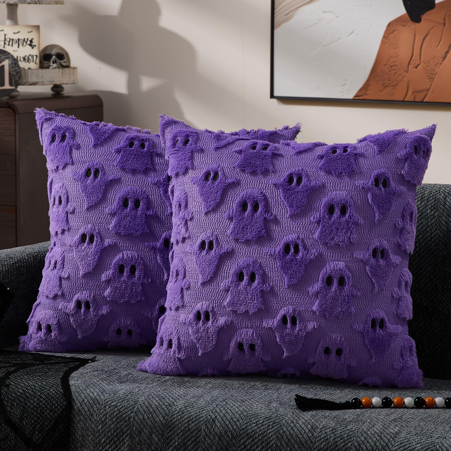 DFXSZ Halloween Pillow Covers 18x18 inch Set of 2 White Ghost Throw Pillow Cases Soft Plush Faux Fur Wool Couch Cushion Case for Chair Sofa Bedroom Living Room Home Decor PTK03A18