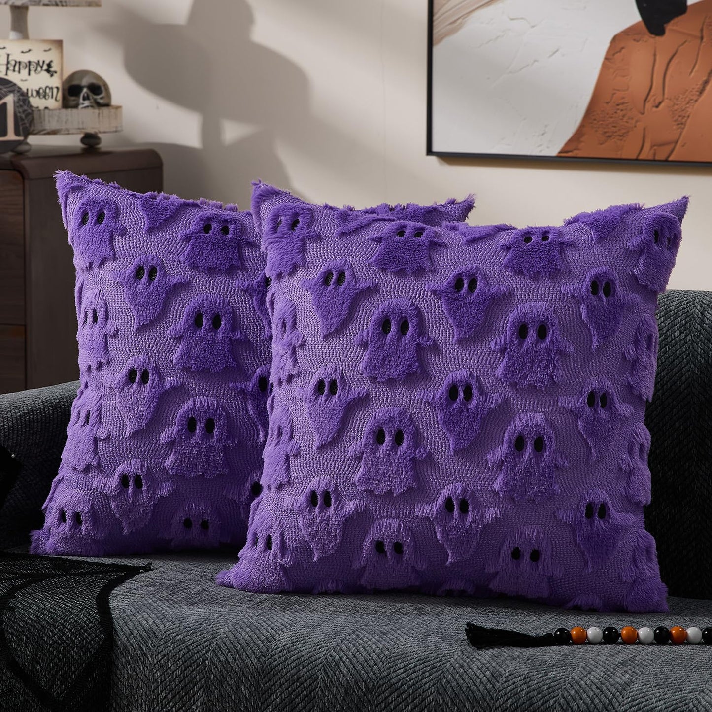 DFXSZ Halloween Pillow Covers 18x18 inch Set of 2 White Ghost Throw Pillow Cases Soft Plush Faux Fur Wool Couch Cushion Case for Chair Sofa Bedroom Living Room Home Decor PTK03A18