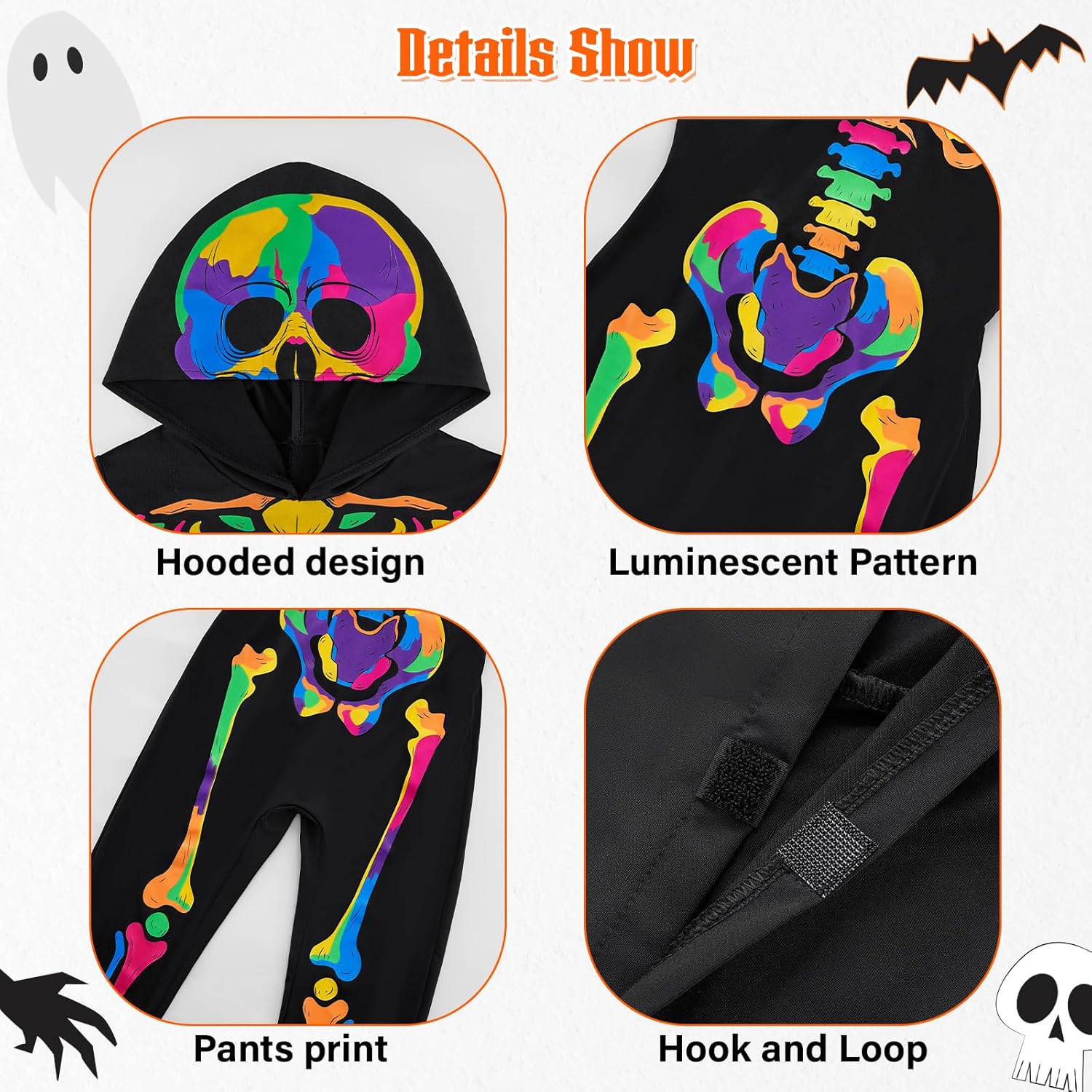 Weixinbuy Kids Halloween Skeleton Costumes Toddler Luminous Scary Skull Bones Jumpsuit Glow in the Dark Outfit for Child Baby