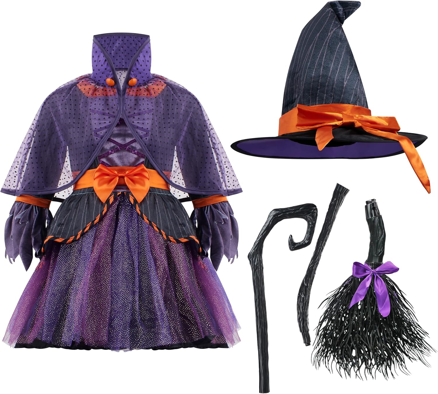 Spooktacular Creations Child Girl Orange Purple Witch Costume, Toddler Witch Outfit Set for Kids Halloween Dress Up Parties