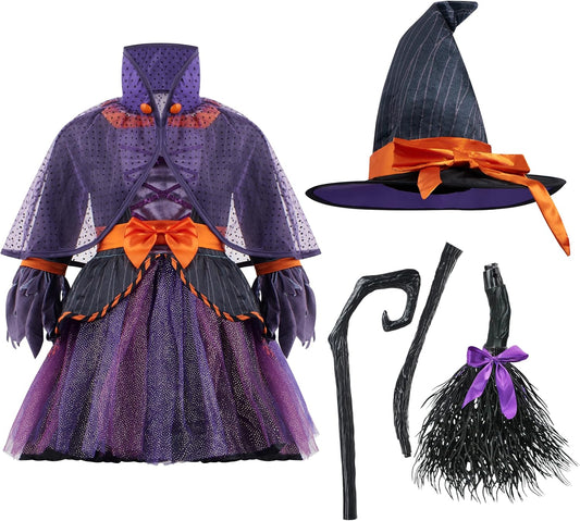 Spooktacular Creations Child Girl Orange Purple Witch Costume, Toddler Witch Outfit Set for Kids Halloween Dress Up Parties